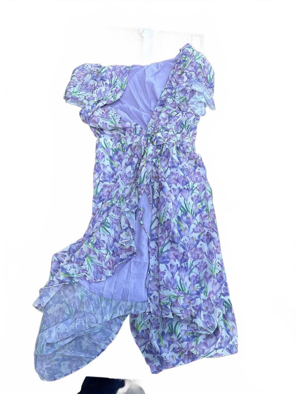 Purple Floral Print Ruffle Chiffon Midi Maxi Dress Romantic Spring Summer